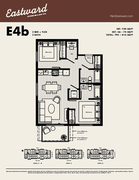 Floor plan for 2 beds, 2 baths, 739 sqft