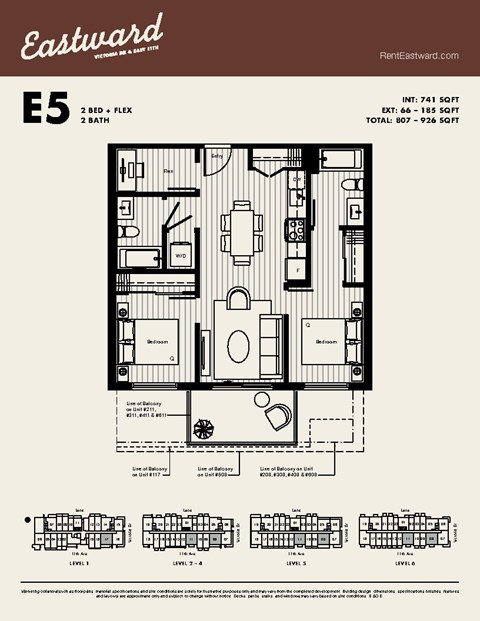 Floor plan for 2 beds, 2 baths, 741 sqft