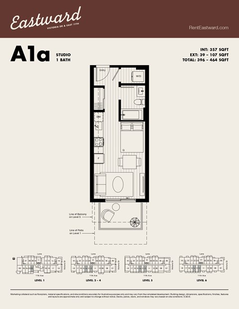 Floor plan for studio, 1 bath, 357 sqft