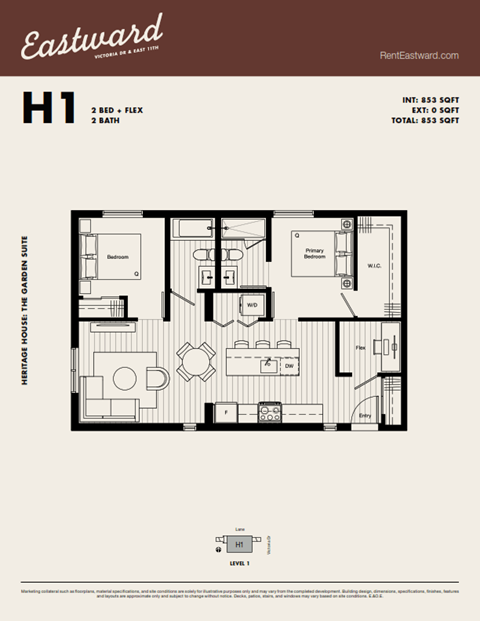 Floor plan for 2 beds, 2 baths, 853 sqft