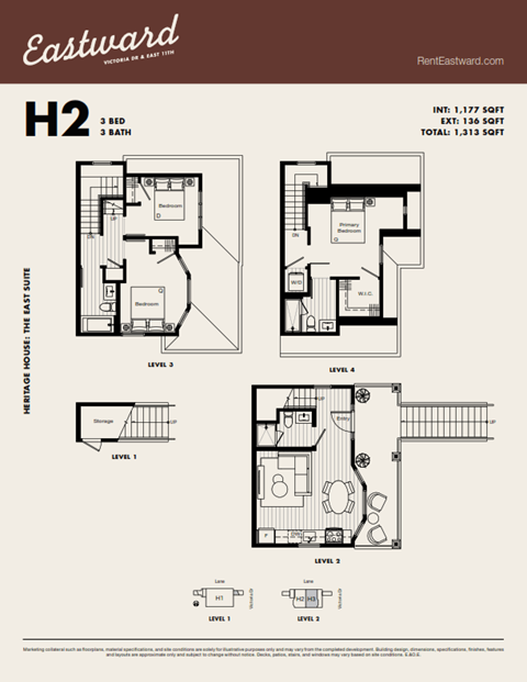 Floor plan for 3 beds, 3 baths, 1177 sqft