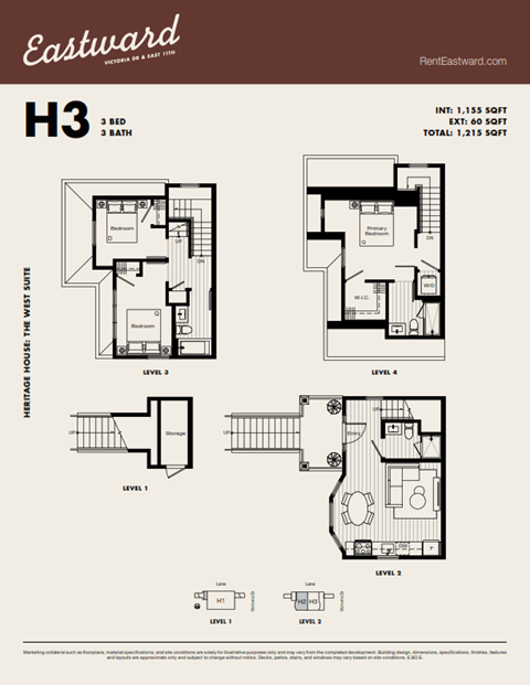 Floor plan for 3 beds, 3 baths, 1155 sqft