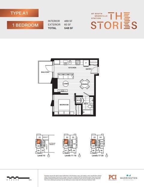 Floor plan for 1 bed, 1 bath, 488 sqft