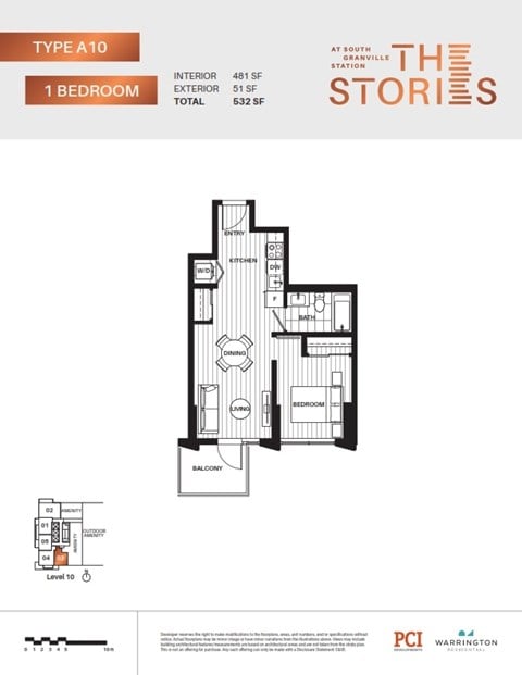 Floor plan for 1 bed, 1 bath, 481 sqft