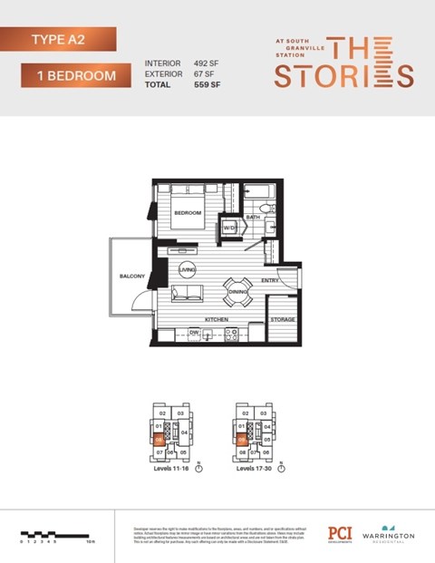 Floor plan for 1 bed, 1 bath, 492 sqft