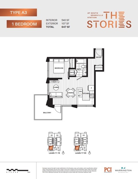 Floor plan for 1 bed, 1 bath, 540 sqft