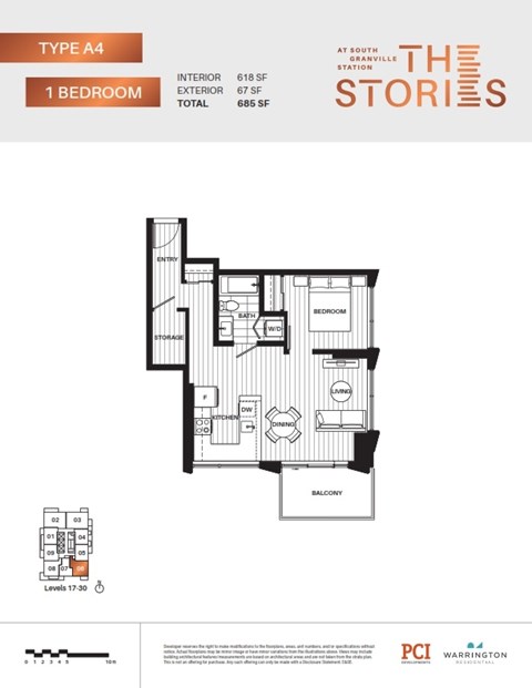 Floor plan for 1 bed, 1 bath, 618 sqft