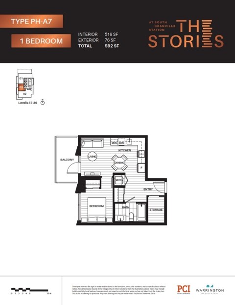 Floor plan for 1 bed, 1 bath, 516 sqft