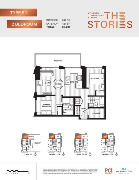 Floor plan for 2 beds, 2 baths, 747 sqft