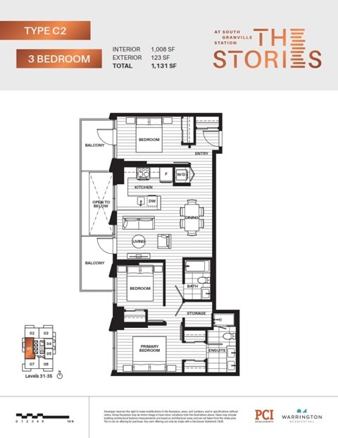 Floor plan for 3 beds, 2 baths, 1008 sqft