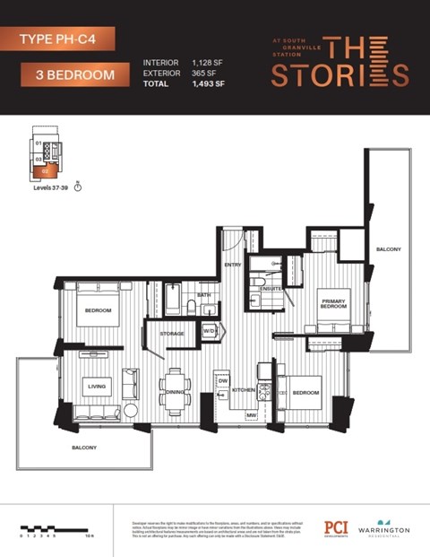 Floor plan for 3 beds, 2 baths, 1128 sqft