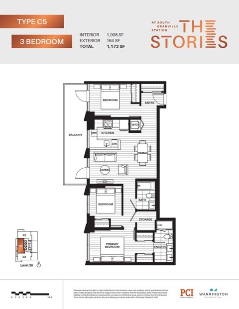 Floor plan for 3 beds, 2 baths, 1008 sqft
