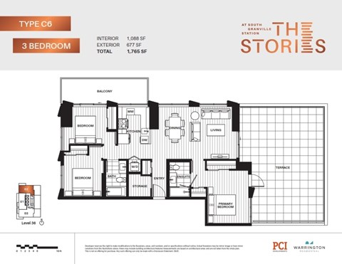 Floor plan for 3 beds, 2 baths, 1088 sqft