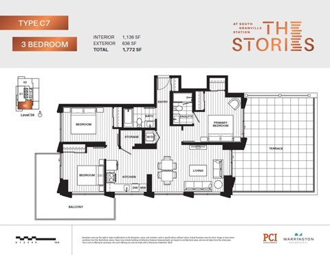 Floor plan for 3 beds, 2 baths, 1136 sqft
