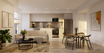 Vancouver apartment for rent - A modern living room with a black coffee table and a dining table with chairs.
