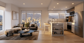 Vancouver apartment for rent - A modern kitchen and living room with a view of the city.