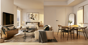 Vancouver apartment for rent - A modern bedroom with a large bed, a TV, a table and chairs, and a rug.