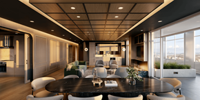 Vancouver apartment for rent - A modern dining room with a large table and chairs.