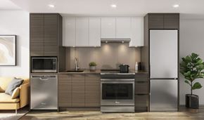 Surrey apartment for rent - a modern kitchen with stainless steel appliances and white cabinets