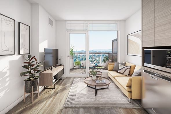 Surrey apartment for rent - A modern living room with a large window overlooking a cityscape.