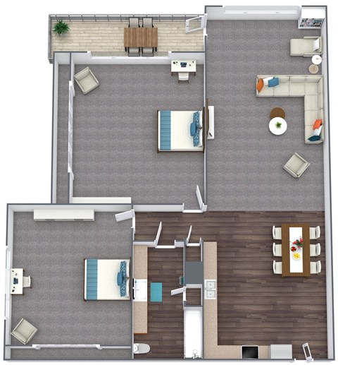 Floor plan for 2 beds, 1 bath, 927 sqft