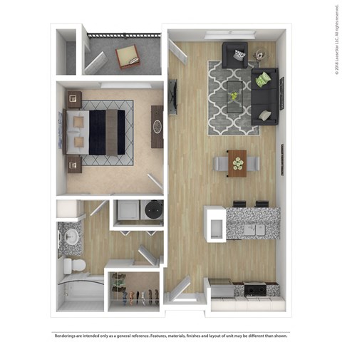 Floor plan for 1 bed, 1 bath, 697 sqft