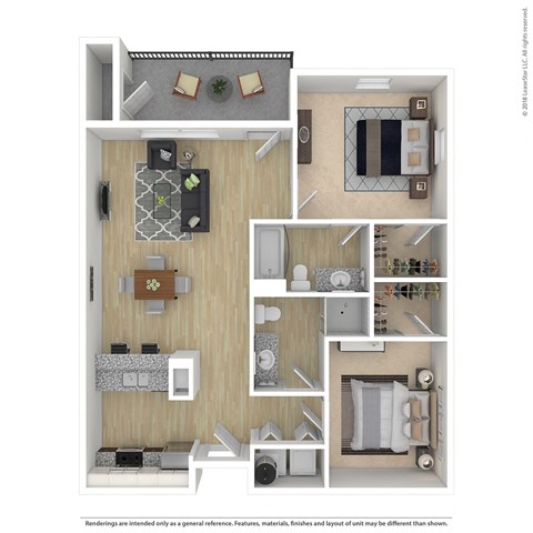 Floor plan for 2 beds, 2 baths, 990 sqft