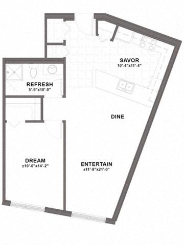 Floor plan for 1 bed, 1 bath, 799 sqft