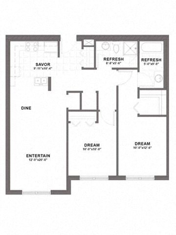Floor plan for 2 beds, 2 baths, 988 sqft