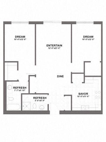 Floor plan for 2 beds, 2 baths, 993 sqft