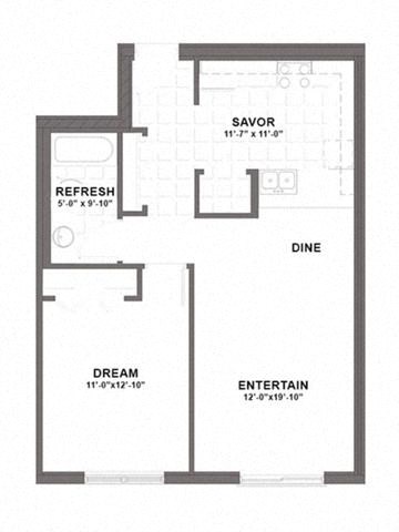Floor plan for 1 bed, 1 bath, 721 sqft