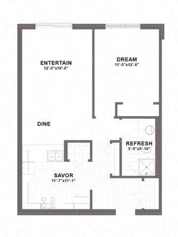Floor plan for 1 bed, 1 bath, 758 sqft