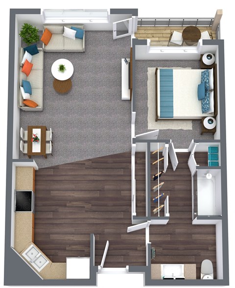 Floor plan for 1 bed, 1 bath, 714 sqft