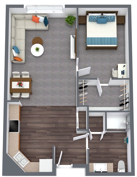 Floor plan for 1 bed, 1 bath, 737 sqft