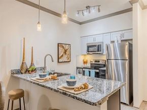 Lewisville apartment for rent - A kitchen with a granite countertop and stainless steel appliances. at Haven at Lewisville Lake Apartments, Lewisville, 75077