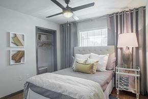 Denton townhouse for rent - A bedroom with a bed, a ceiling fan, and a nightstand with a lamp.