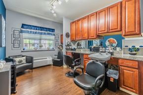 Glenmont apartment for rent - Salon chair with shampoo station and cabinetry at Glenmont Abbey Village, 55+ Apartments, Glenmont, 12077