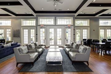 Ellicott City apartment for rent - A spacious living room with a long couch and a rug in the middle.