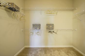 Walk-in closet with wire shelving and hangers
