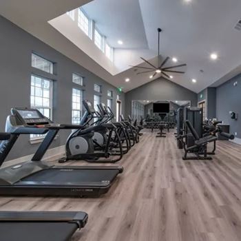 A gym with treadmills, elliptical machines, and a ceiling fan.