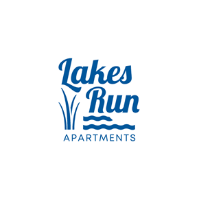 New Brighton apartment for rent - A logo for Lakes Run Apartments with blue text and design elements.