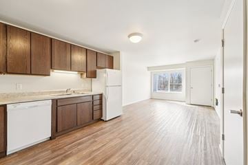 Bloomington apartment for rent - A kitchen with wooden cabinets and a white dishwasher.
