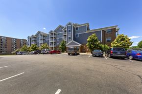 Rochester apartment for rent - A parking lot with cars and apartment buildings in the background.