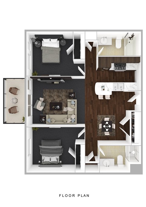 Floor plan for 2 beds, 1 bath, 956 sqft