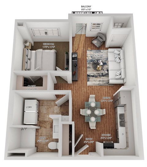 Floor plan for 1 bed, 1 bath, 700 sqft