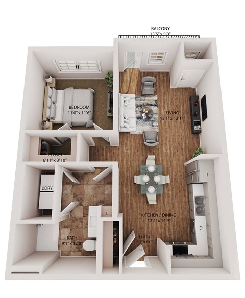 Floor plan for 1 bed, 1 bath, 700 sqft