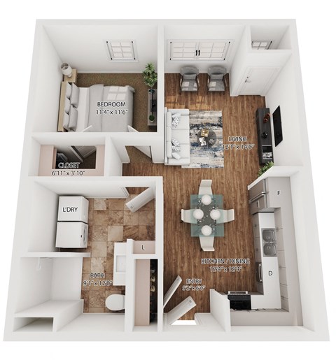 Floor plan for 1 bed, 1 bath, 664 sqft