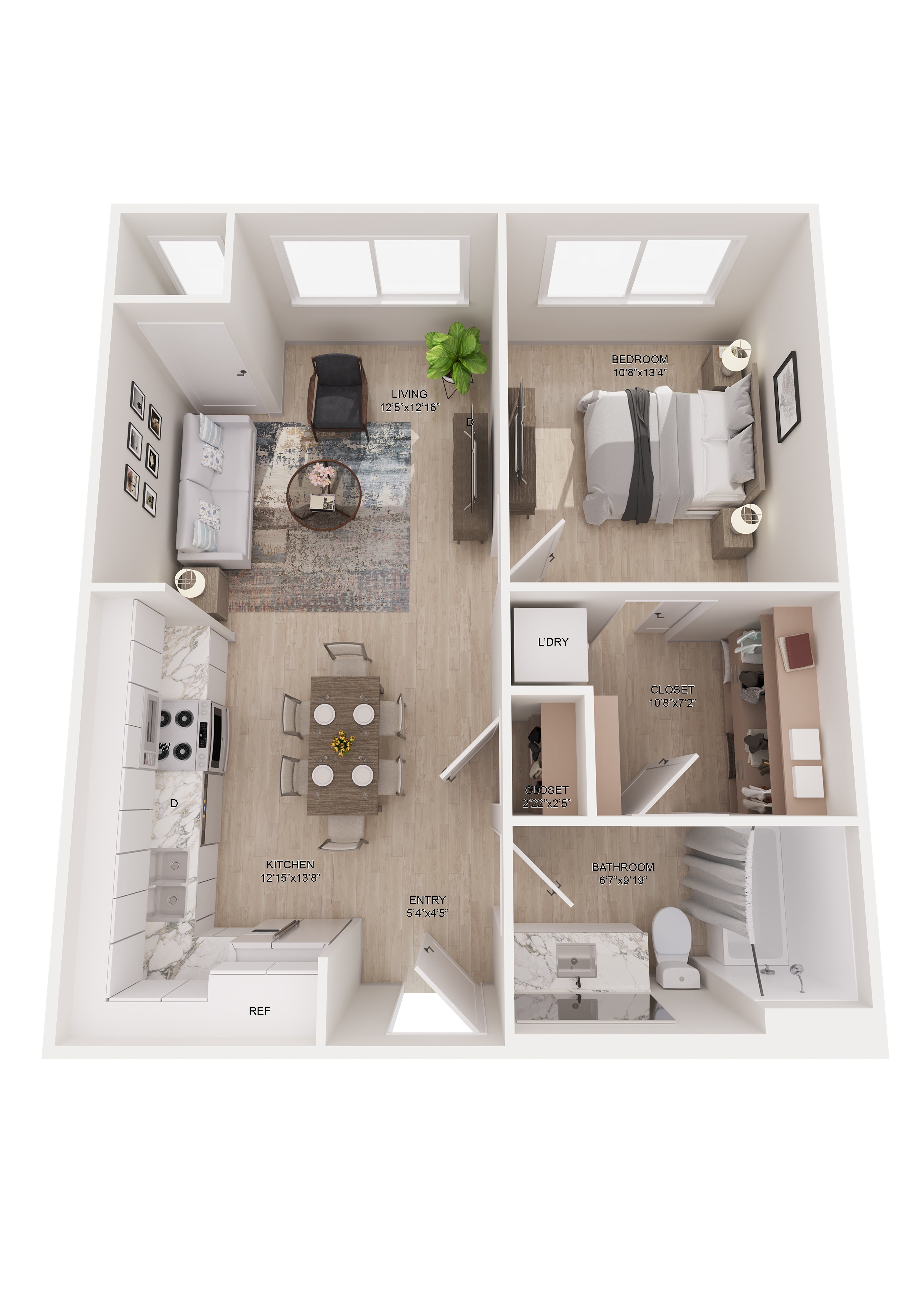 Floor plan for 1 bed, 1 bath, 663 sqft