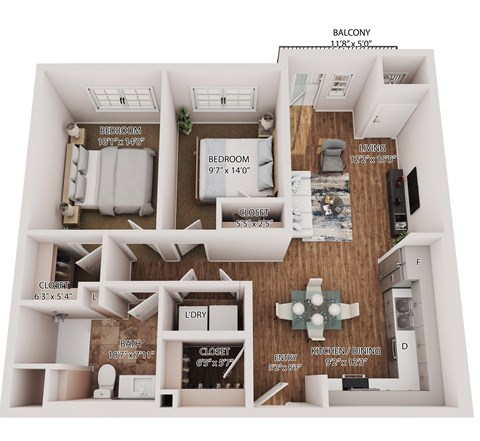 Floor plan for 2 beds, 1 bath, 918 sqft
