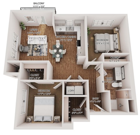Floor plan for 2 beds, 1 bath, 989 sqft